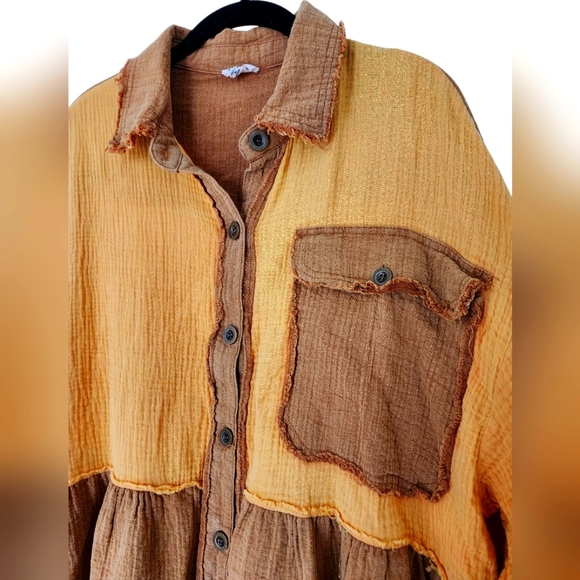 POL Golden yellow cotton mini dress, button down, frayed hem, oversized, M - Picture 2 of 7